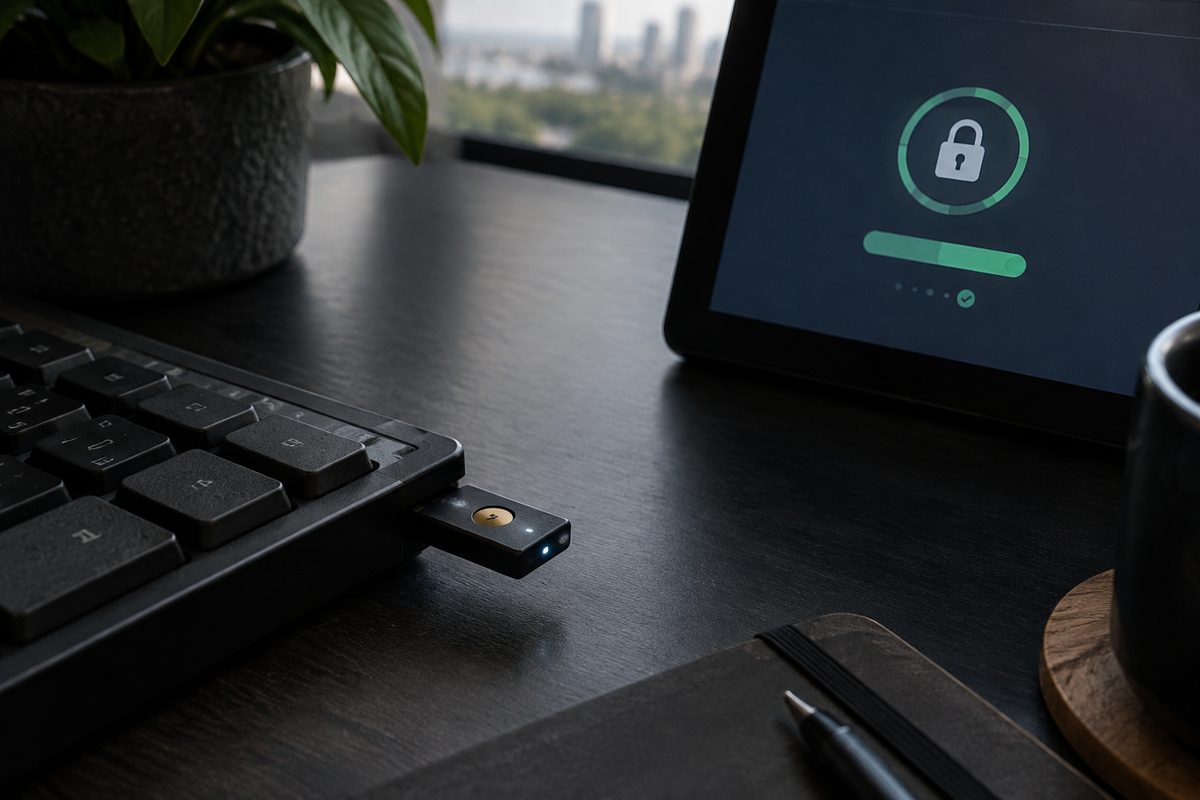 Secure data management workstation with hardware authentication key