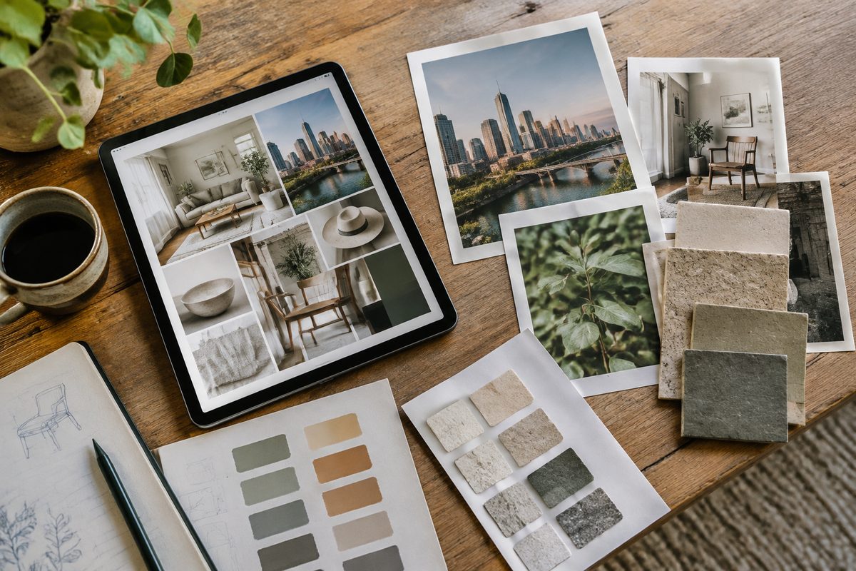 Editorial content curation desk with typography proofs and palette samples