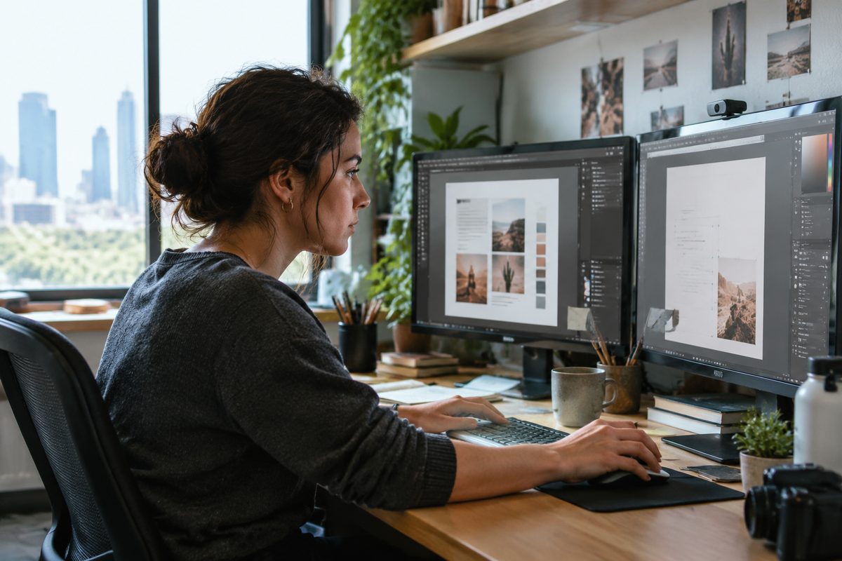 Lead web designer Alexey refining interface components at his workstation