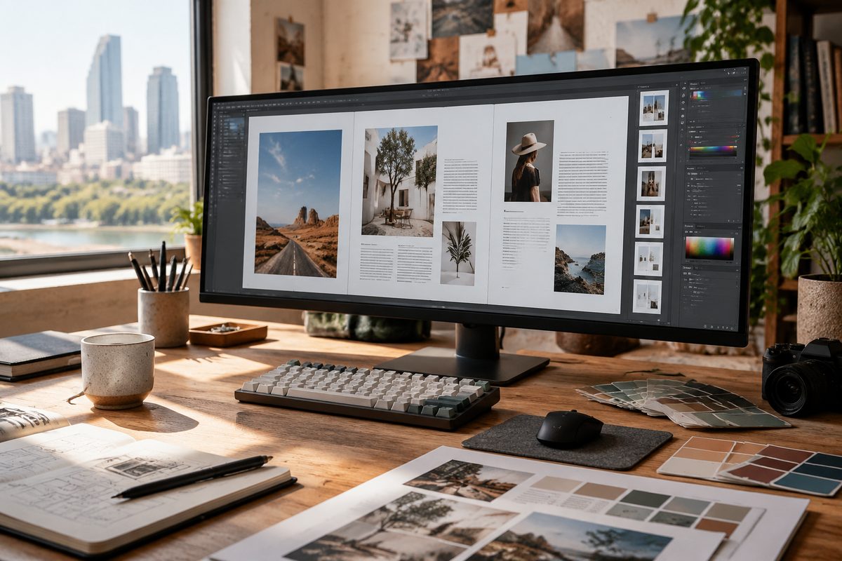 Creative web design workstation in Austin showing editorial layout and typography proofing